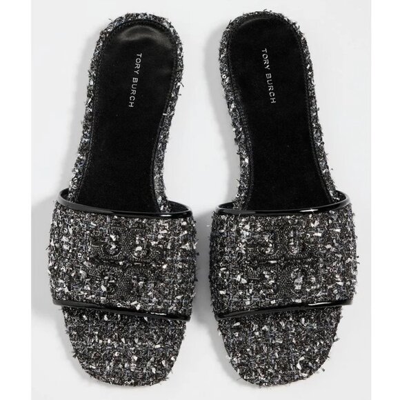 NIB$425 TORY BURCH Eleanor Pavé Double T Slide Silver Confetti/Perfect Black 9.5 - Picture 2 of 14